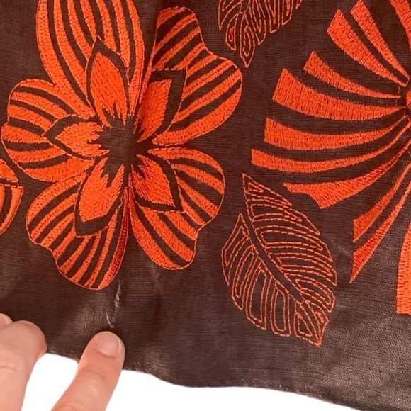 Precis Petite Linen Brown Orange Floral Embroidered Pleated A-Line Skirt Size 14 - Picture 6 of 11